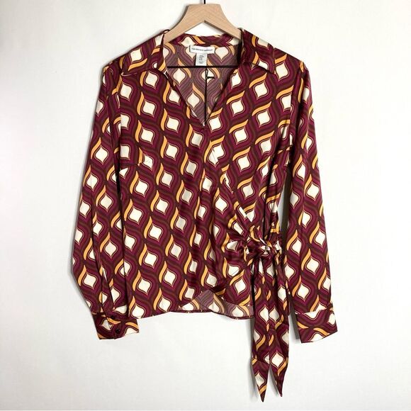 Cupcakes & Cashmere Retro Faux Wrap Blouse Medium NWT Burgundy Orange - Picture 1 of 12